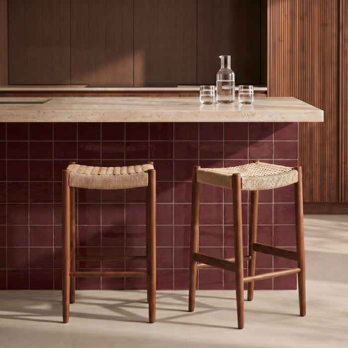 Caleb Wooden Kitchen Stool Natural Weave & Walnut