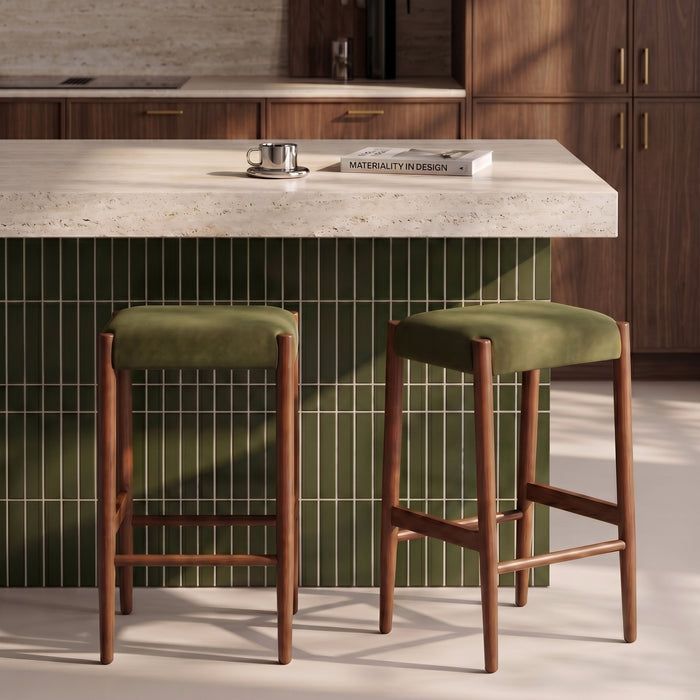 Caleb Wooden Kitchen Stool Moss Green Sustainable Mohair Velvet & Walnut