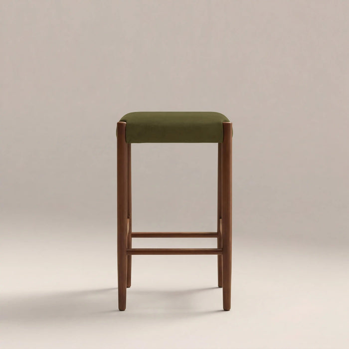 Caleb Wooden Kitchen Stool Moss Green Sustainable Mohair Velvet & Walnut