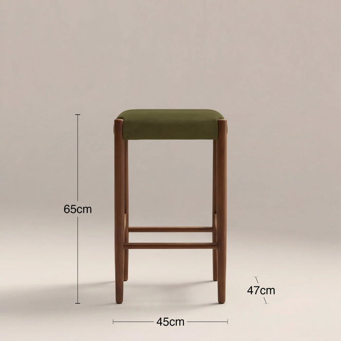 Caleb Wooden Kitchen Stool Moss Green Sustainable Mohair Velvet & Walnut
