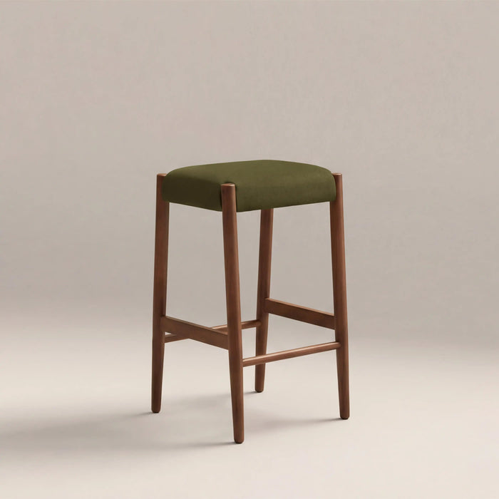 Caleb Wooden Kitchen Stool Moss Green Sustainable Mohair Velvet & Walnut