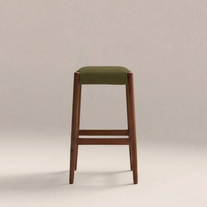 Caleb Wooden Kitchen Stool Moss Green Sustainable Mohair Velvet & Walnut