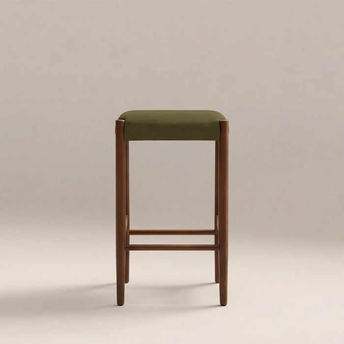 Caleb Wooden Kitchen Stool Moss Green Sustainable Mohair Velvet & Walnut