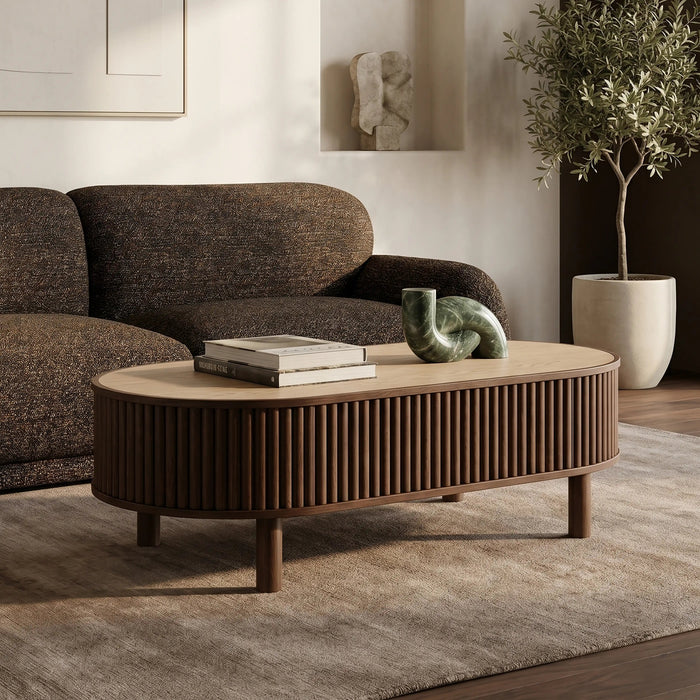Santana Oval Storage Coffee Table Natural Travertine Effect Sintered Stone & Smoked Walnut