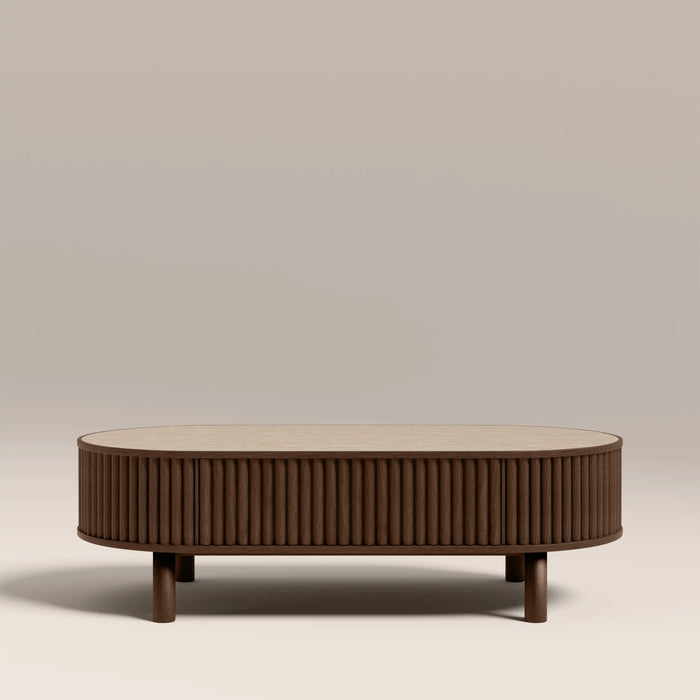 Santana Oval Storage Coffee Table Natural Travertine Effect Sintered Stone & Smoked Walnut