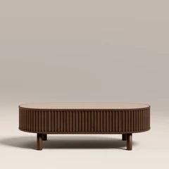 Santana Oval Storage Coffee Table | Natural Travertine Effect Sintered Stone & Smoked Walnut