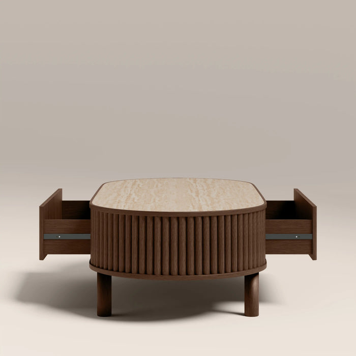 Santana Oval Storage Coffee Table Natural Travertine Effect Sintered Stone & Smoked Walnut
