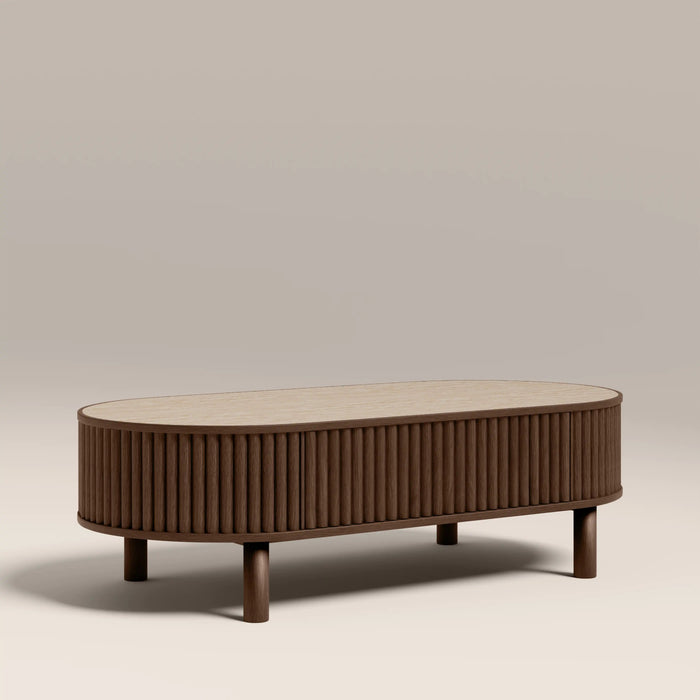 Santana Oval Storage Coffee Table Natural Travertine Effect Sintered Stone & Smoked Walnut