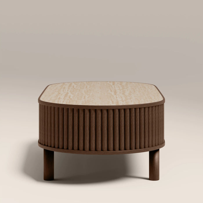 Santana Oval Storage Coffee Table Natural Travertine Effect Sintered Stone & Smoked Walnut