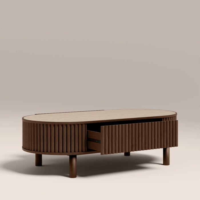 Santana Oval Storage Coffee Table Natural Travertine Effect Sintered Stone & Smoked Walnut