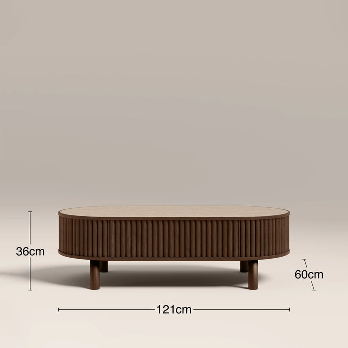 Santana Oval Storage Coffee Table Natural Travertine Effect Sintered Stone & Smoked Walnut