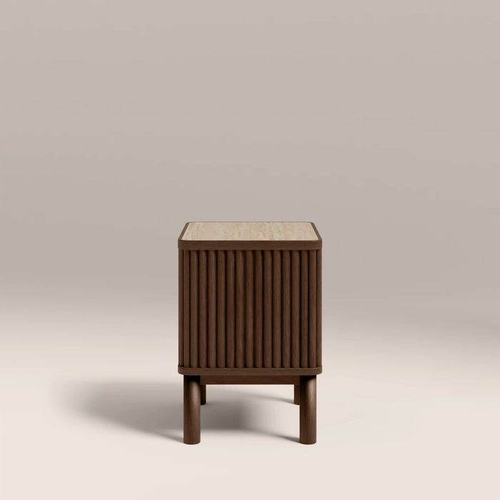 Santana 2 Drawer Rectangle Bedside Table Natural Travertine Effect Sintered Stone & Smoked Walnut