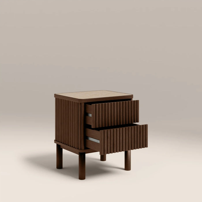Santana 2 Drawer Rectangle Bedside Table Natural Travertine Effect Sintered Stone & Smoked Walnut