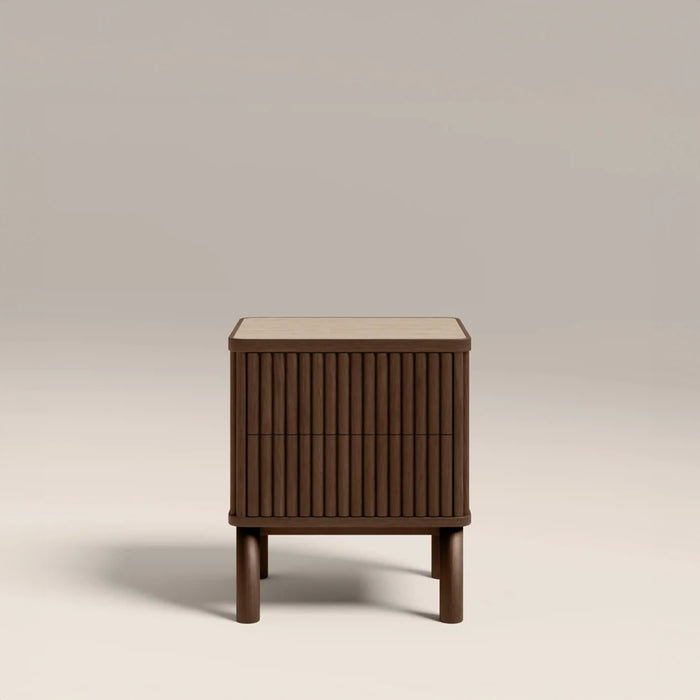 Santana 2 Drawer Rectangle Bedside Table Natural Travertine Effect Sintered Stone & Smoked Walnut