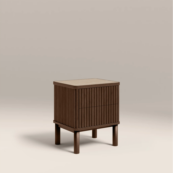 Santana 2 Drawer Rectangle Bedside Table Natural Travertine Effect Sintered Stone & Smoked Walnut