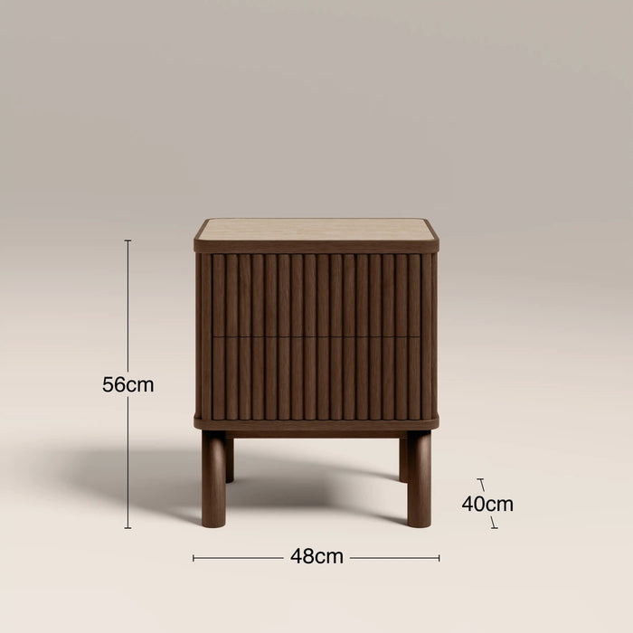 Santana 2 Drawer Rectangle Bedside Table Natural Travertine Effect Sintered Stone & Smoked Walnut