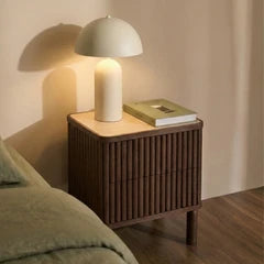 Santana 2 Drawer Rectangle Bedside Table | Natural Travertine Effect Sintered Stone & Smoked Walnut