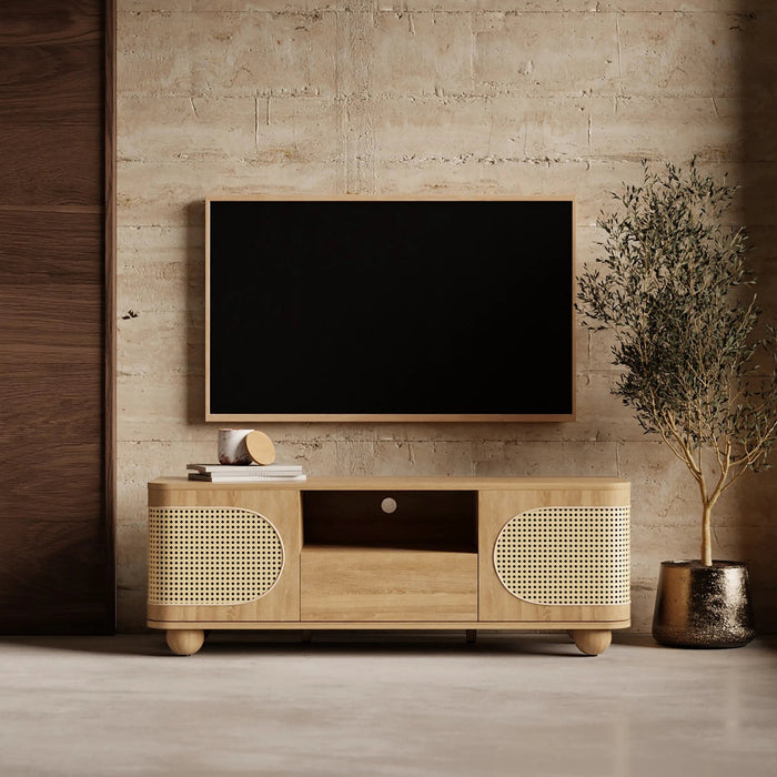 Una 2 Door Wooden TV Stand Oak & Natural Cane