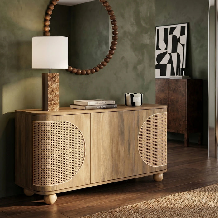 Una 3 Door Large Wooden Sideboard Oak & Natural Cane