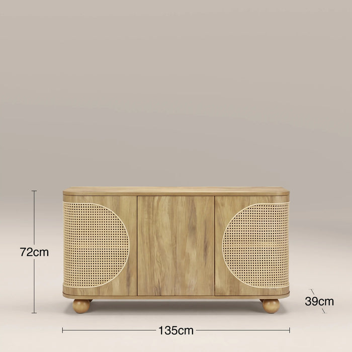 Una 3 Door Large Wooden Sideboard Oak & Natural Cane