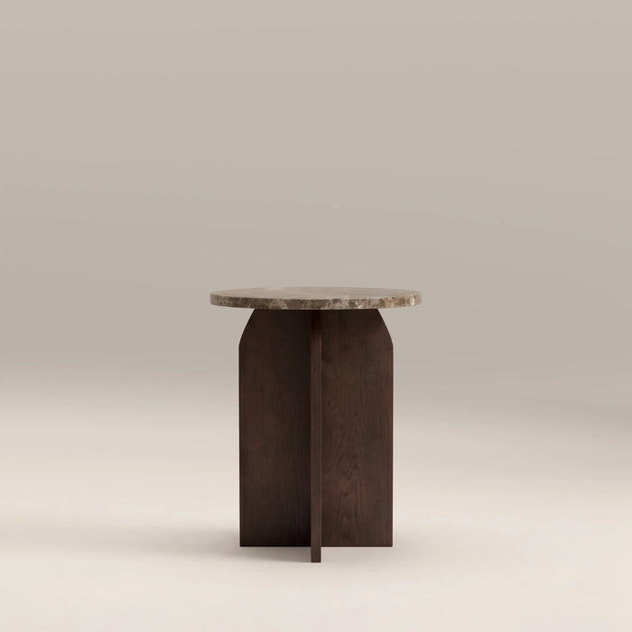 Eli Round Side Table Emperador Brown Marble & Walnut