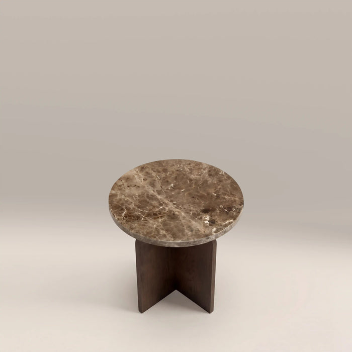 Eli Round Side Table Emperador Brown Marble & Walnut