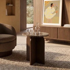 Eli Round Side Table | Emperador Brown Marble & Walnut