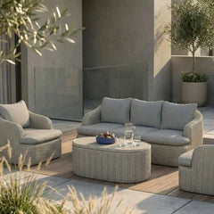 Lucia Garden Sofa Set | Retro Pattern Fabric & Smoked Natural Rattan