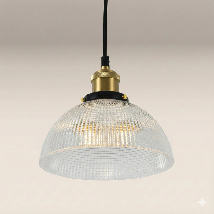 Ezra Bowl Pendant Light Ribbed Glass & Antique Brass