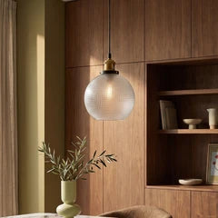 Ezra Globe Pendant Light | Ribbed Glass & Antique Brass