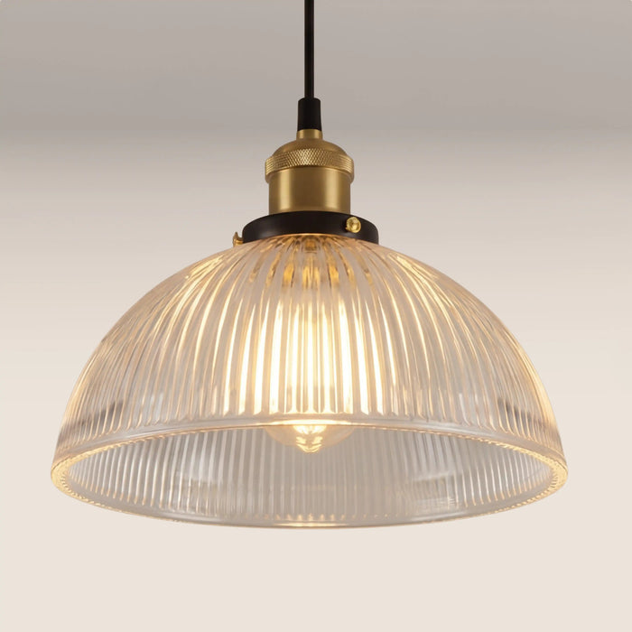 Sierra Dome Pendant Light Ribbed Glass & Antique Brass