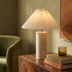 Danika Table Lamp | Natural Linen & Travertine
