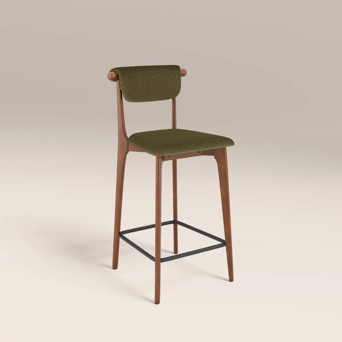 Nobu Kitchen Stool Moss Green Sustainable Mohair Velvet & Walnut