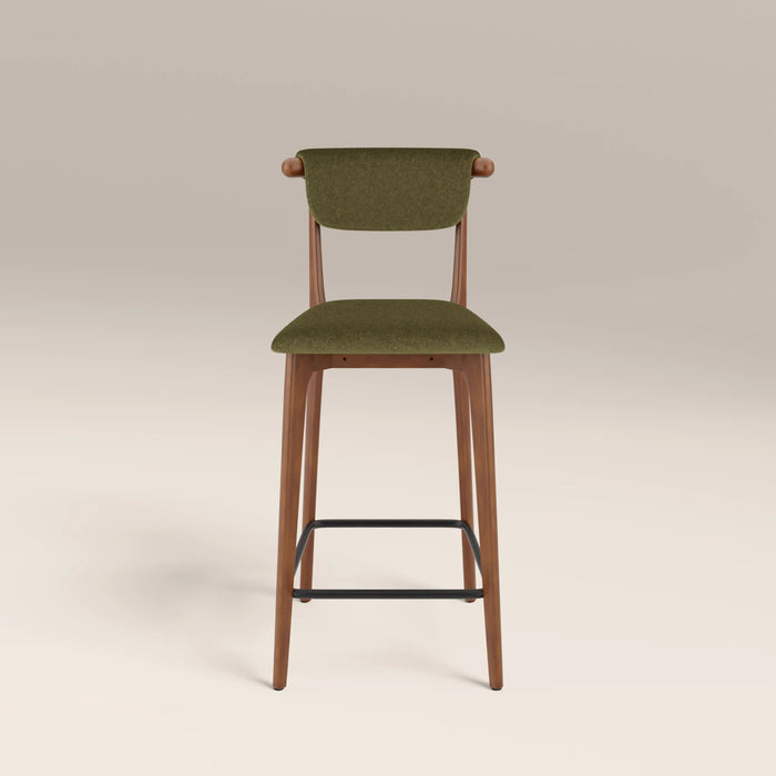 Nobu Kitchen Stool Moss Green Sustainable Mohair Velvet & Walnut