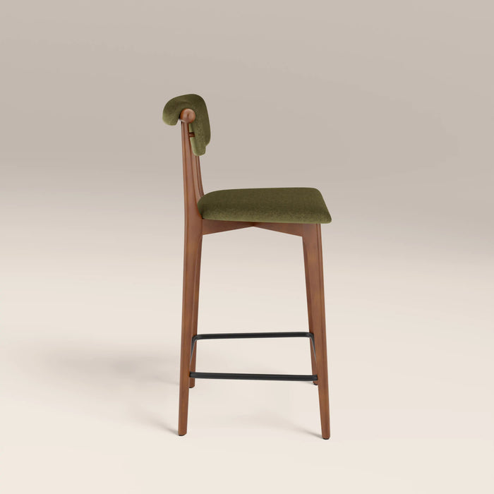 Nobu Kitchen Stool Moss Green Sustainable Mohair Velvet & Walnut
