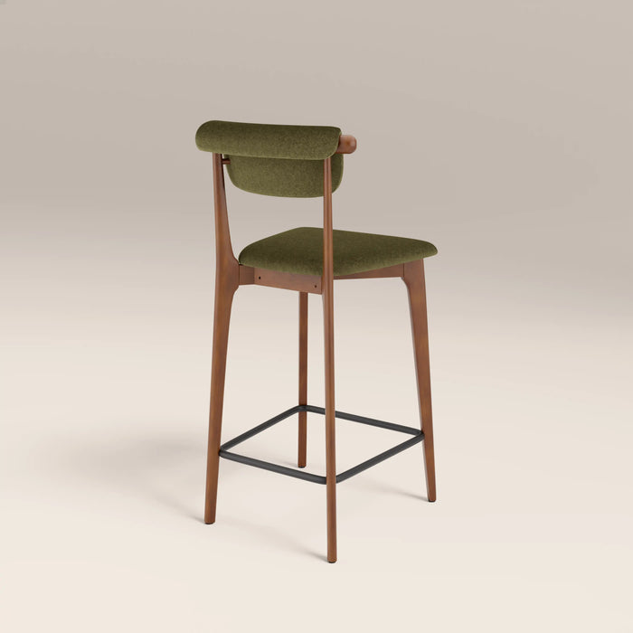 Nobu Kitchen Stool Moss Green Sustainable Mohair Velvet & Walnut