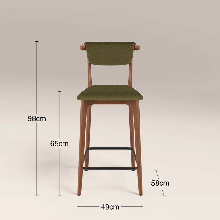Nobu Kitchen Stool Moss Green Sustainable Mohair Velvet & Walnut
