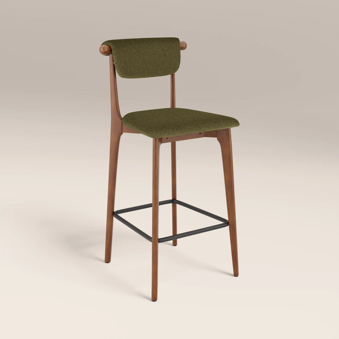 Nobu Bar Stool Moss Green Sustainable Mohair Velvet & Walnut