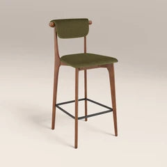 Nobu Wooden Bar Stool | Moss Green Sustainable Mohair Velvet & Walnut