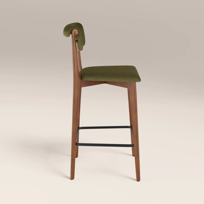 Nobu Bar Stool | Moss Green Sustainable Mohair Velvet & Walnut