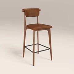 Nobu Wooden Bar Stool | Vintage Tan Faux Leather & Walnut
