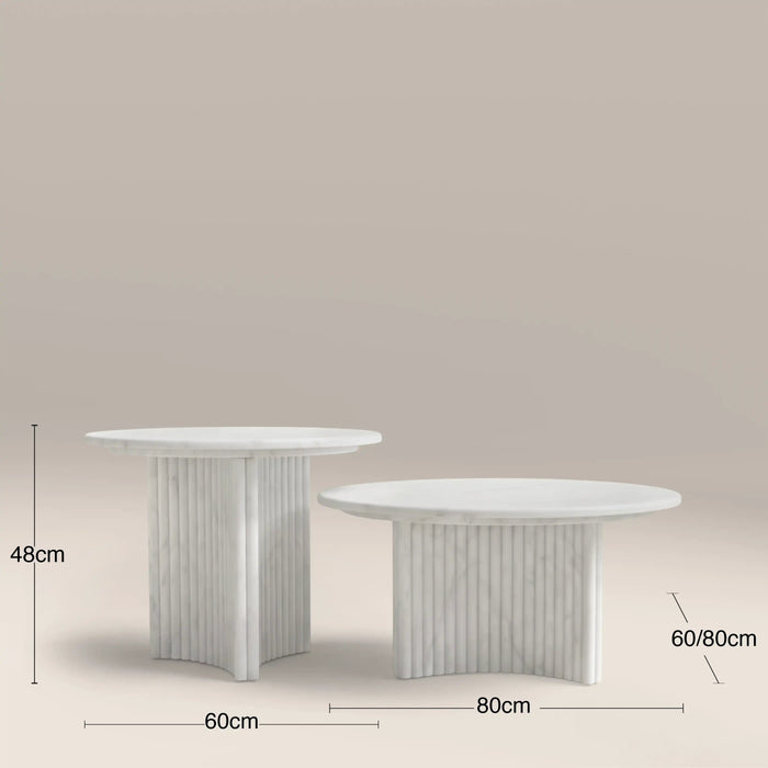 Jace Set of 2 Round Coffee Tables White Carrara Honed Marble Effect Stone