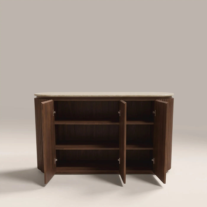 Hayes 3 Door Sideboard Natural Travertine Effect Stone & Walnut