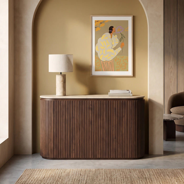 Hayes 3 Door Sideboard Natural Travertine Effect Stone & Walnut