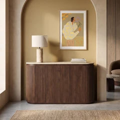Hayes 3 Door Sideboard | Natural Travertine Effect Stone & Walnut