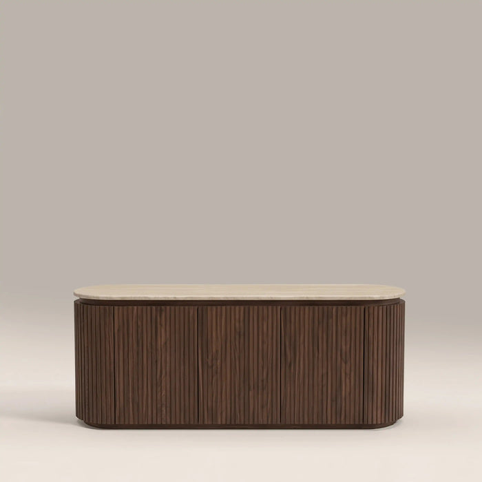 Hayes 3 Door TV Stand Natural Travertine Effect Stone & Walnut
