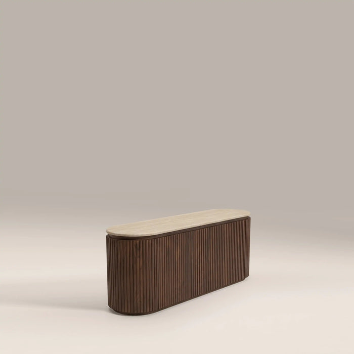 Hayes 3 Door TV Stand Natural Travertine Effect Stone & Walnut