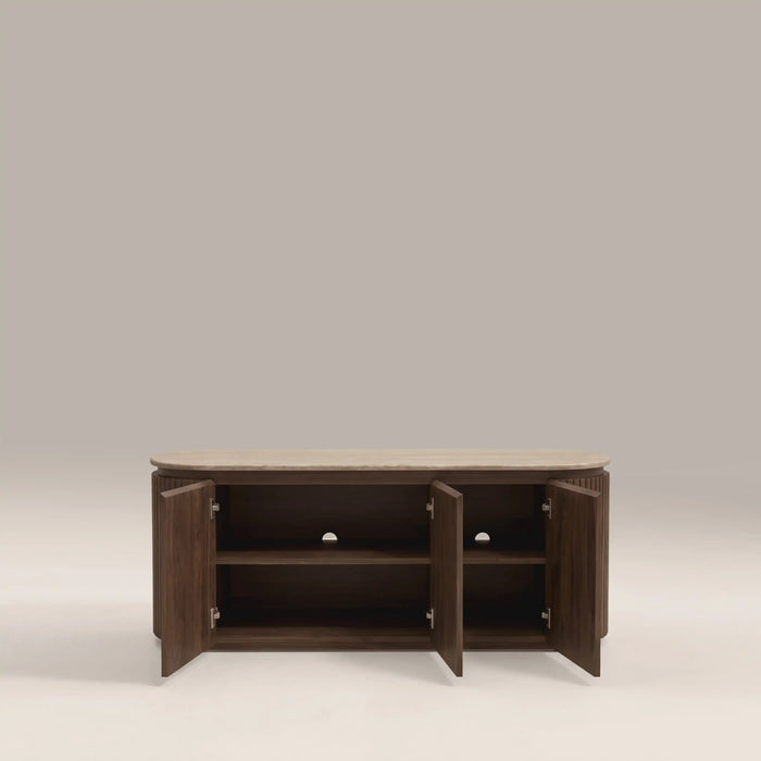Hayes 3 Door TV Stand Natural Travertine Effect Stone & Walnut