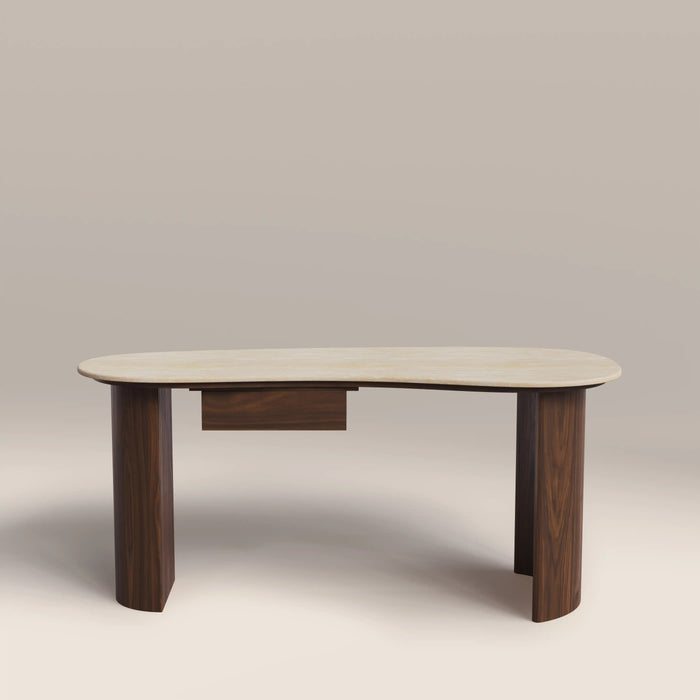 Lois 1 Drawer Desk Natural Travertine Effect Sintered Stone & Walnut
