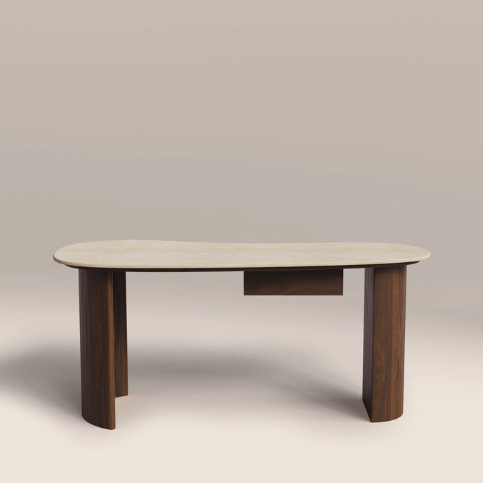 Lois 1 Drawer Desk Natural Travertine Effect Sintered Stone & Walnut